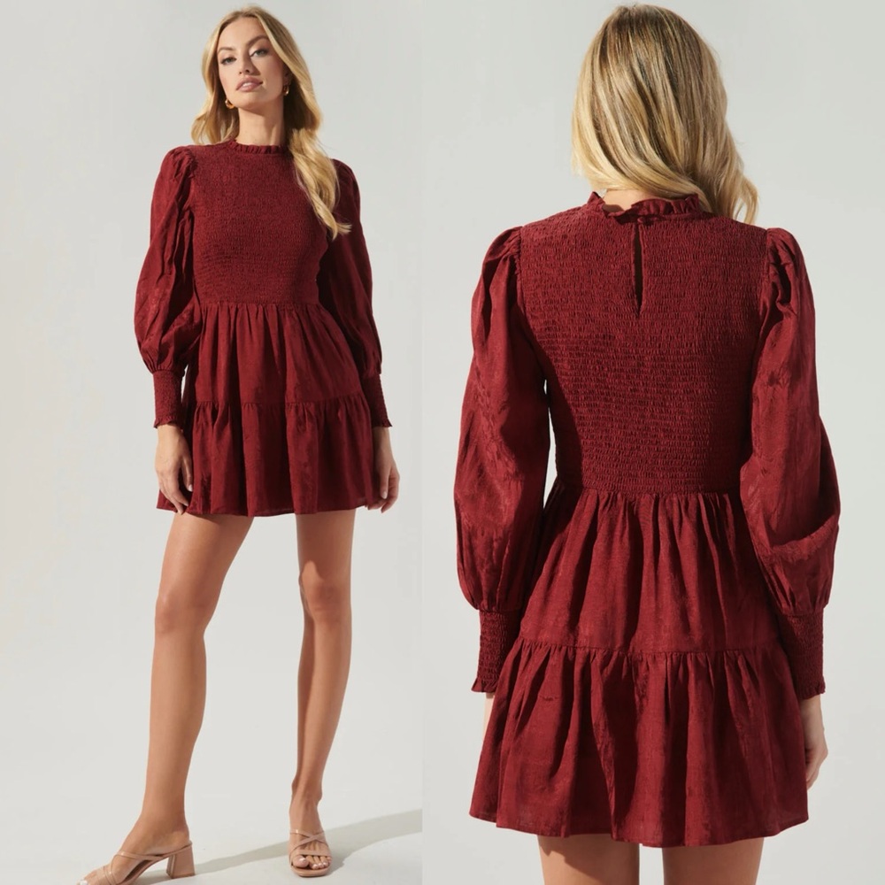 Burgundy High Neck Smocked Mini Dress (S, M)
